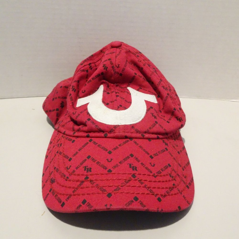 True Religion Baseball Cap Hat Red Black Horseshoe Logo Spellout Chevron
